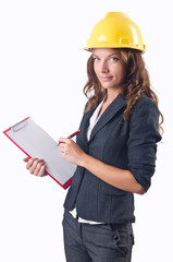 Woman with hard hat and binder