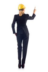 Woman builder pressing virtual buttons