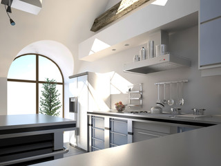 Modern kitchen interior in a sunny light room