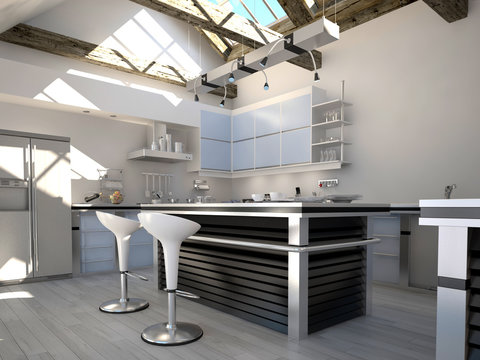 Modern White Kitchen Interior With Two Bar Stools