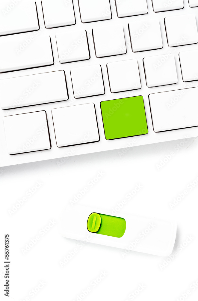 Poster computer keyboard with blank keys and usb flash drive isolated o