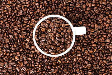 White cup full of coffee beans on Roasted Coffee Beans  backgrou