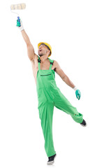 Painter in green coveralls on white