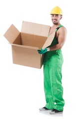 Man in coveralls with boxes