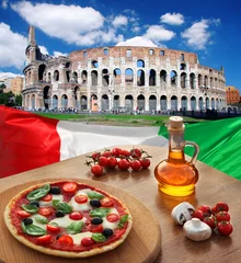Foto auf Leinwand Colosseum with Italian pizza in  Rome, Italy © Tomas Marek