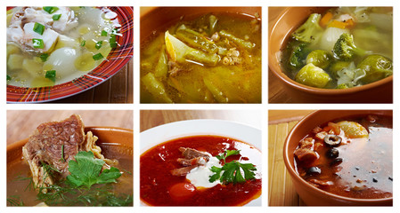 Food set of different traditional soups.