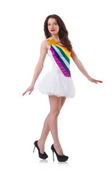 Model wearing fashionable clothing on white