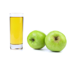 Green apples and juice on white