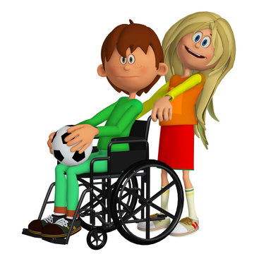Disabled child sitting in the wheelchair with a young girl