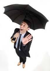 Man under an umbrella having a breakthrough