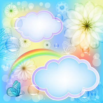 Bright background with flowers and butterflies