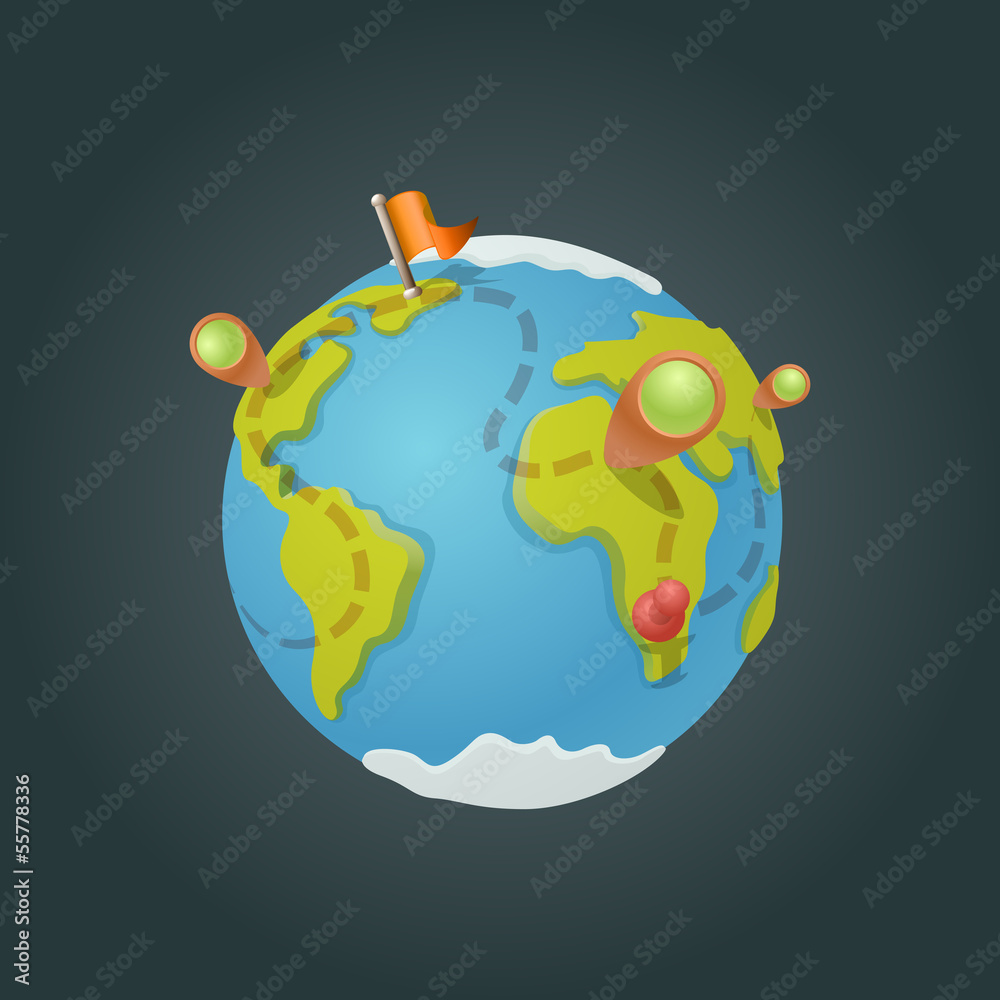 Poster world map globe cartoon fun vector. funny game style