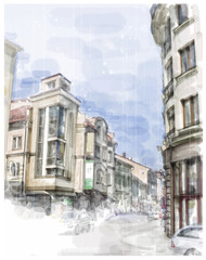 Illustration of city street. Watercolor style.