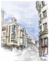 Tissu par mètre Café de rue dessiné Illustration de la rue de la ville. Style aquarelle.