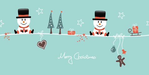 2 Sitting Christmas Snowmen Gift & Symbols Retro