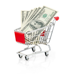 Money in Shopping Cart Isolated on White Background