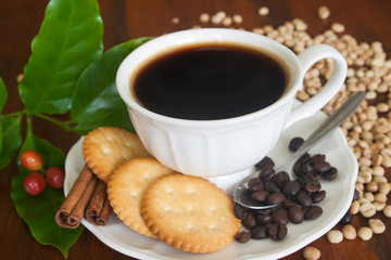 Coffee, beans, coffee leafs,Cinnamon and Cracker