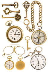 Plakat złote zabytkowe wyposażenie. antyczne klucze, okulary, zegar, kompas