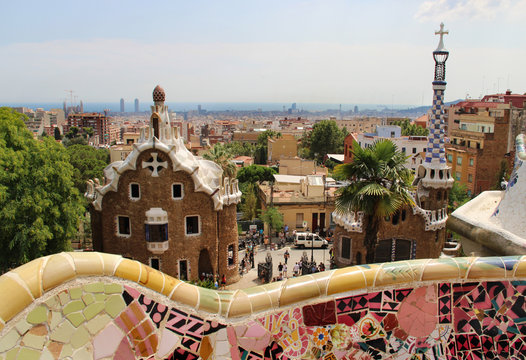 Park Guell in Barcelona, Spain with Gaudi houses