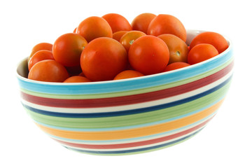 Fresh cherry tomatoes in bowl, isolated on white