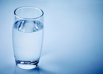 glass of water on blue background