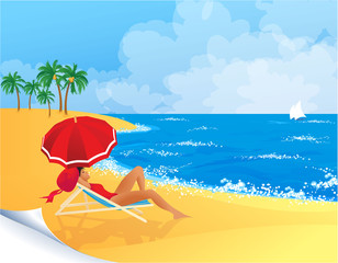 Woman relaxing on a tropical beach. Vector.