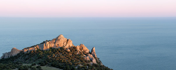 Panorama of rocky coastline of "Novy Svet" recreation area