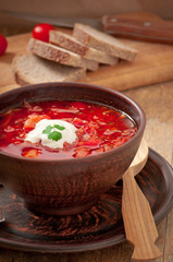 Ukrainian and russian national red soup borsch closeup