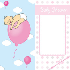 Child sleeping on top of a balloon. baby girl birth card