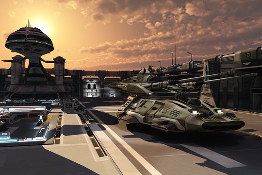Futuristic military base and antigravity tank