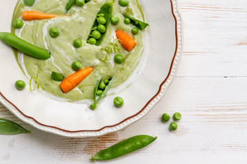 Green pea soup made of fresh vegetables