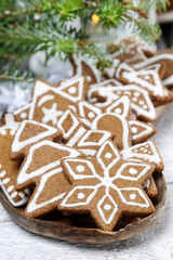 Christmas cookies on wooden tray. Selective focus