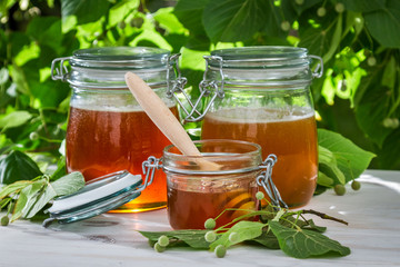 Honey in a jar and linden trees