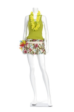 female clothing with colorful flowers lei on mannequin