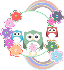 birthday party card with cute birds, owl family and flowers