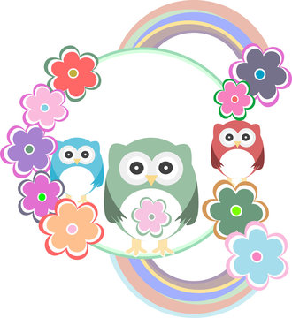 birthday party card with cute birds, owl family and flowers