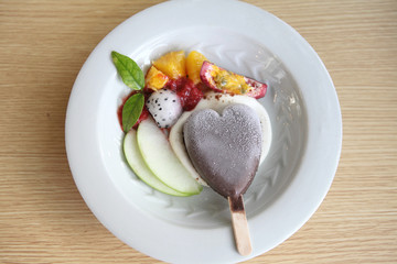 Fruit with chocolate ice cream