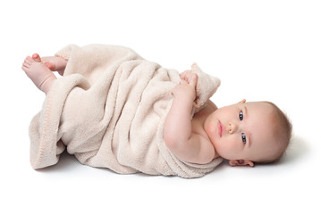 Fototapeta na wymiar Sweet baby wrapped in a blanket, on a white background