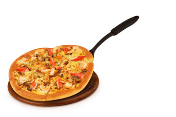 Delicious pizza with seafood on wooden stand isolated on