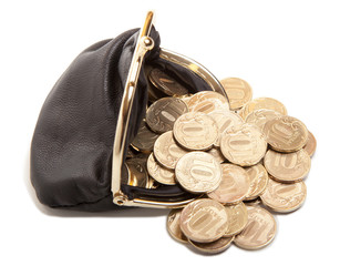 Leather purse and gold coins