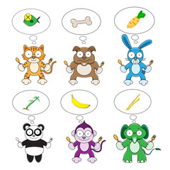 Set of cartoon animals to eat food