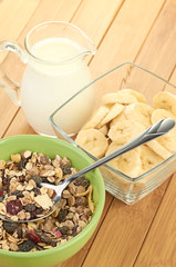 Delicious and healthy cereal in bowl with milk