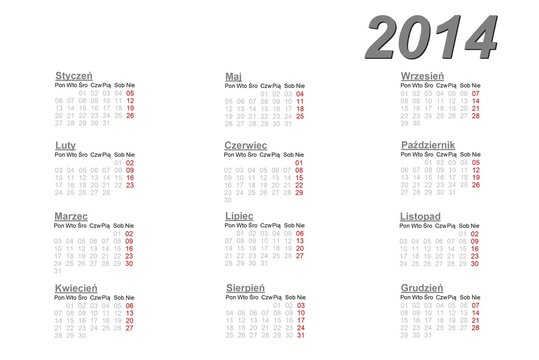 Polish calendar for 2014