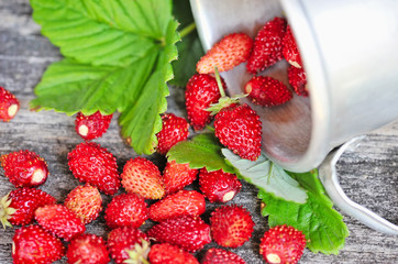 Fresh wild strawberries on an old wooden table