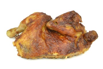 Half a grilled chicken on a white background