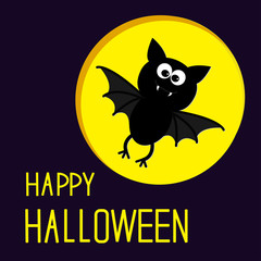 Cute bat and moon. Happy Halloween card.