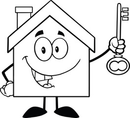 Back And White House Cartoon Character Holding Up A Key