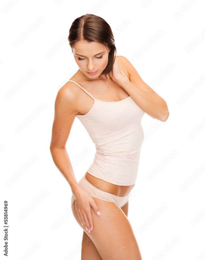 Poster woman in cotton underwear showing slimming concept