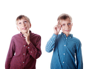 Beautiful happy boys showing problem solving gestures