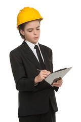 Little boy in hardhat. Cheerful little boy in formalwear and har